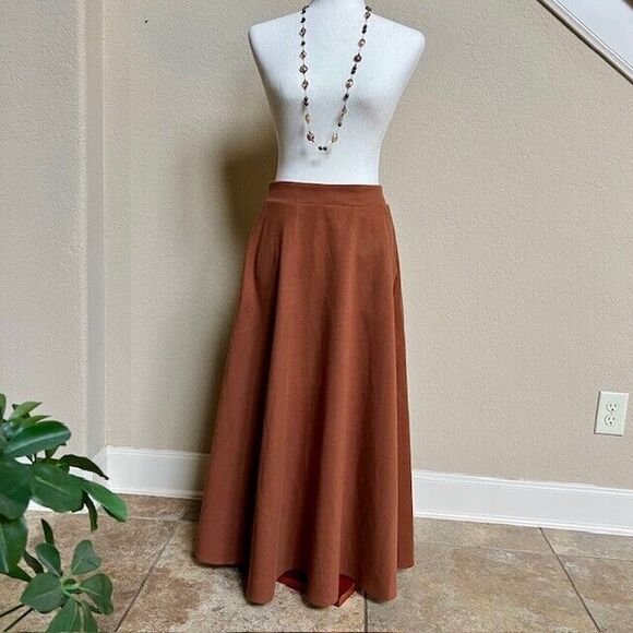 Women's A-Line Swing Long Maxi Wool Skirt Brown High Waist | Soft Flowing Fabric - Picture 2 of 12